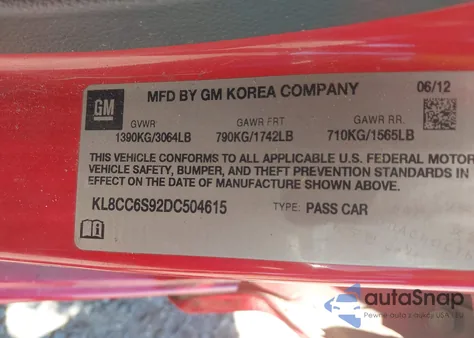 2013 Chevrolet Spark 1Lt Manual из США, поврежденный, VIN KL8CC6S92DC504615